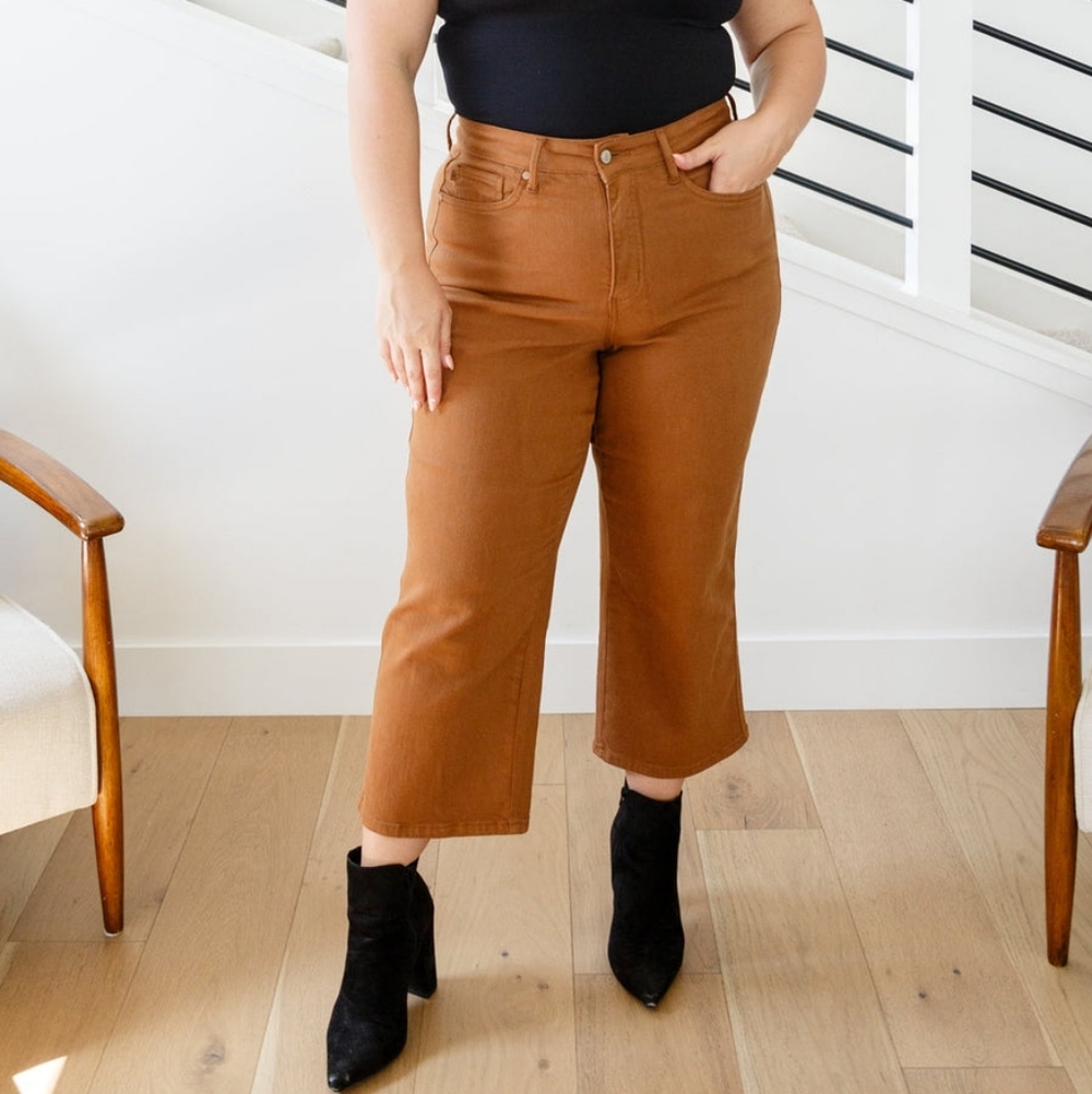 Judy Blue Plus Size Camel High Rise Tummy Control Wide Crop‎ Jeans